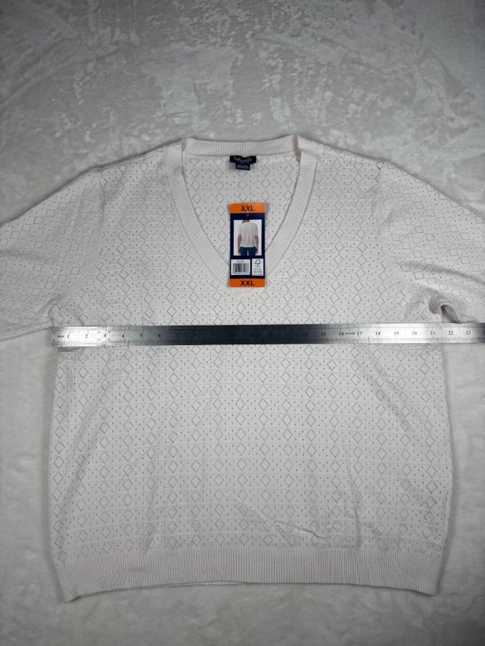 Splendid Womens White Short-Sleeve V-Neck Sweater XXL Diamond Eyelet Knit - Picture 5 of 8
